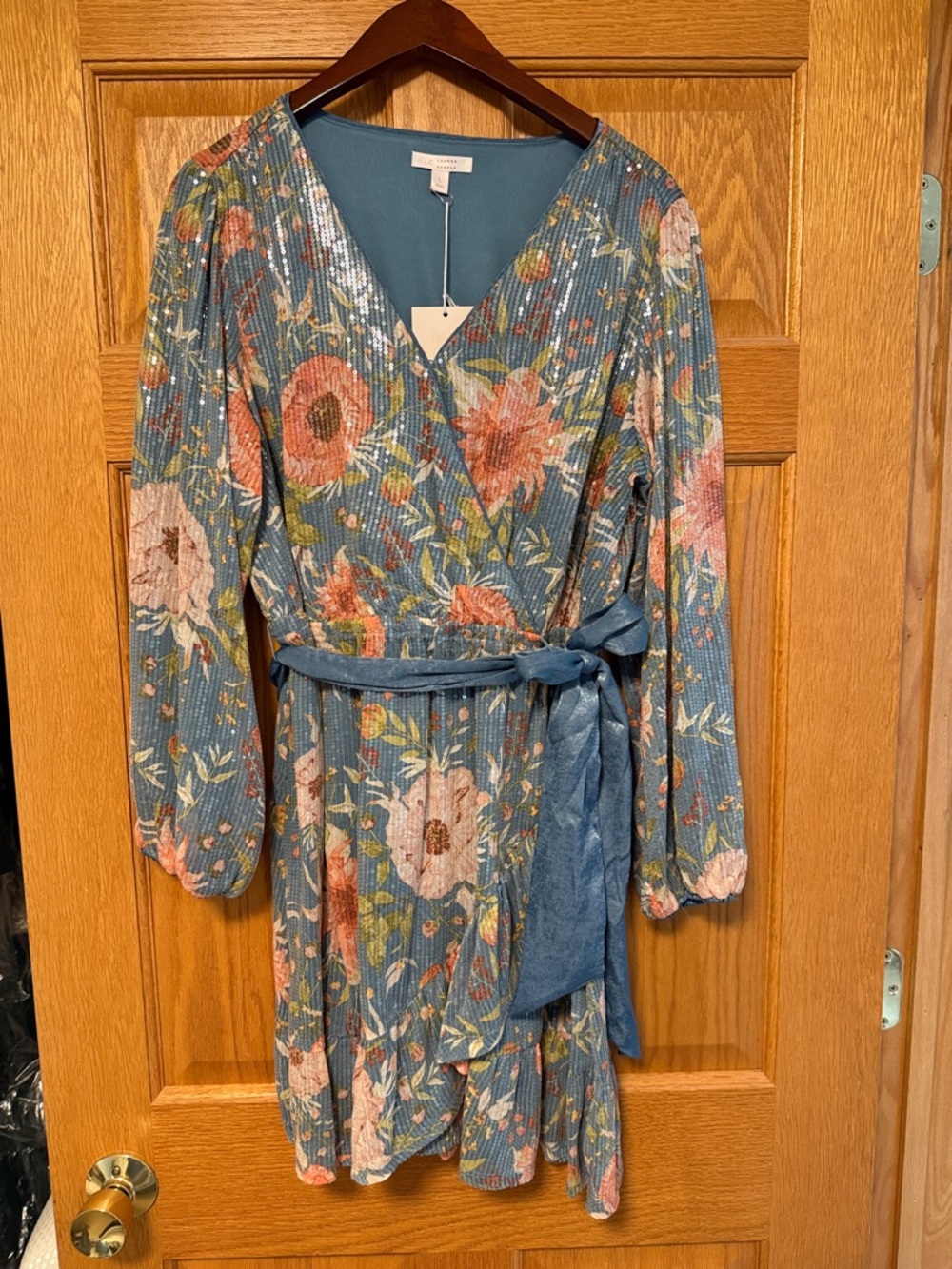 Floral Blue Wrap Dress with Belt